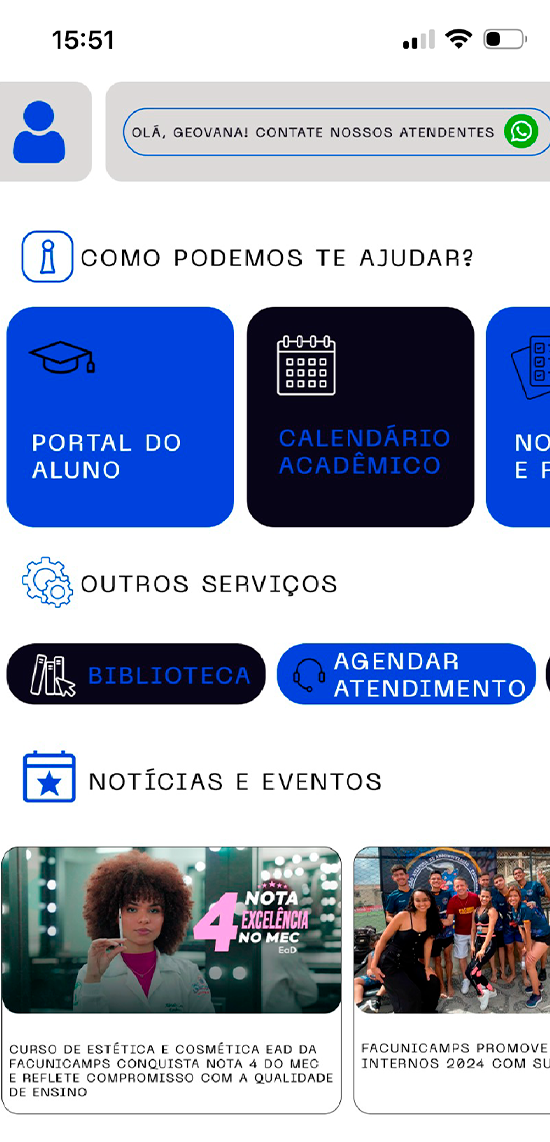 Tela inicial do app Minha Fac
