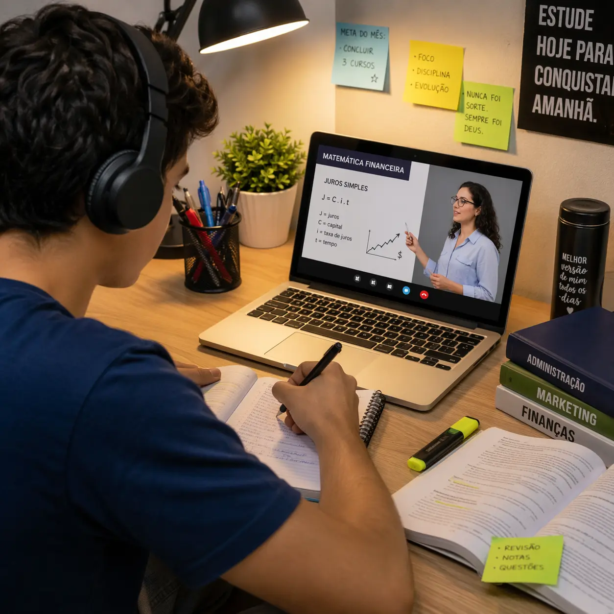 Estudante focado nos estudos online